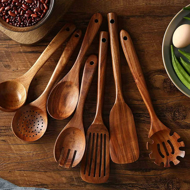 Wooden Spoons For Cooking 7-Pack - Bamboo Kitchen Utensils Set for