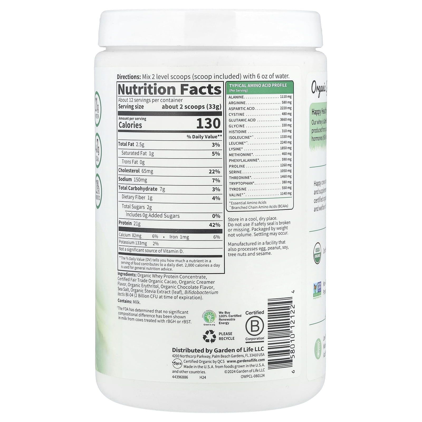 Garden of Life Organic Whey Protein, Grass-Fed, Chocolate Cacao, 13.96 oz (396 g)