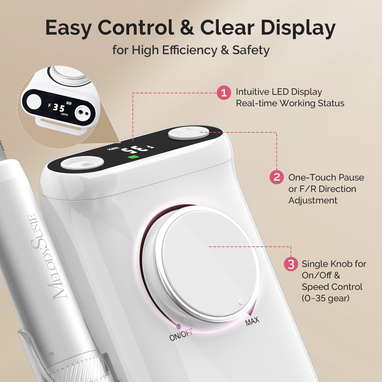 MelodySusie Upgraded Clip-On Cordless 2-in-1 Nail Drill with Tilted Display Design, SM320GW 35000RPM High-Efficiency E-File, White