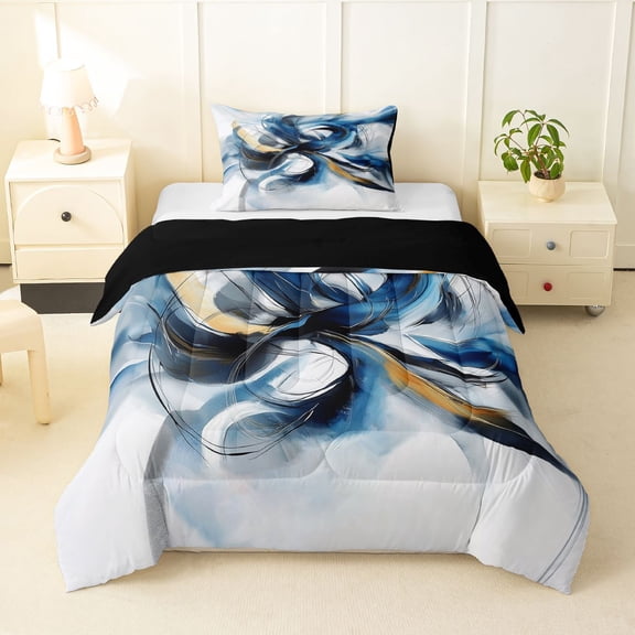 Homewish Blue Watercolor Swirl Twin Comforter Sets,Classic Contemporary Bedding Set,Black Reversible,2pcs,1 Comforter and 1 Pillowcase