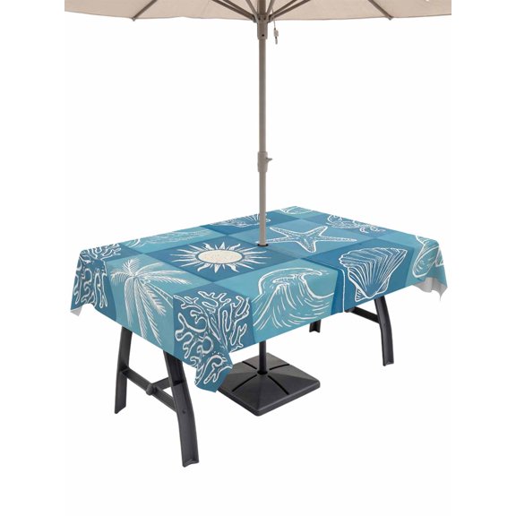 Outdoor Tablecloth with Umbrella Hole for Patio/Picnic/Party/Camping, Blue Coastal Waterproof Table Cloth Rectangle Table Cover Washable, Starfish Shell Coral Palm Trees Conch Ocean (60"x 120")