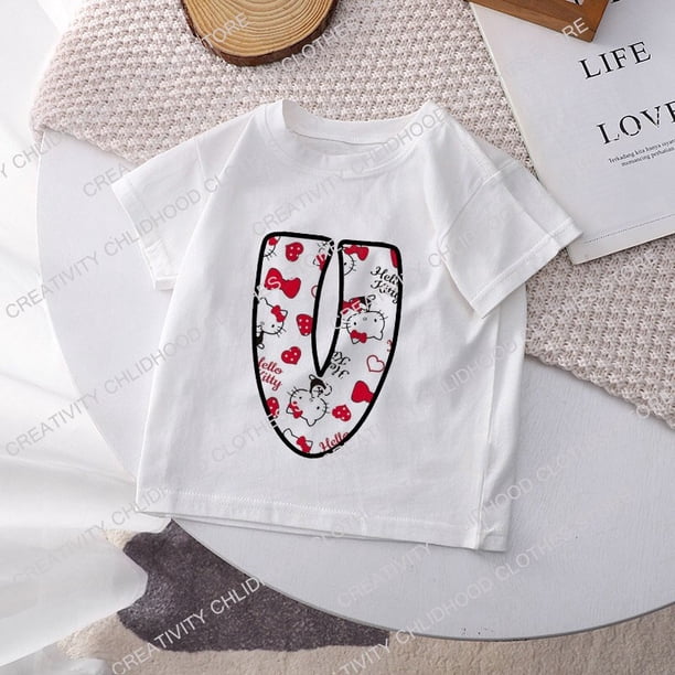 Camiseta de Hello Kitty para niños y niñas, playera Kawaii con combinación de letras y nombres, ropa informal con dibujos animados de Anime
