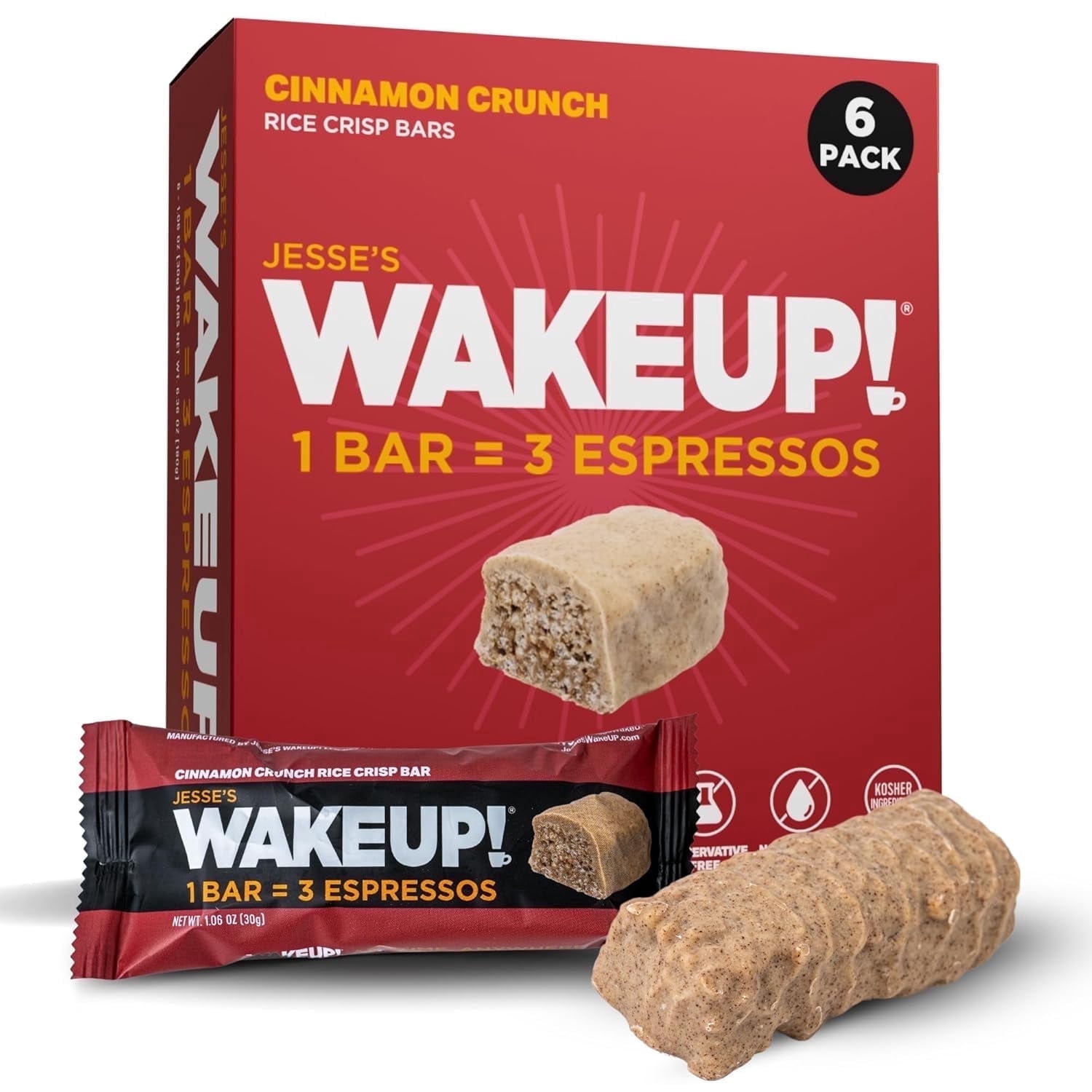 Jesse's Wake up Cinnamon Crunch Caffeinated Protein Bars (1 Bar = 3 Espressos) – 350mg Clean Caffeine for Energy, Focus & Happy Mornings – 6 pack