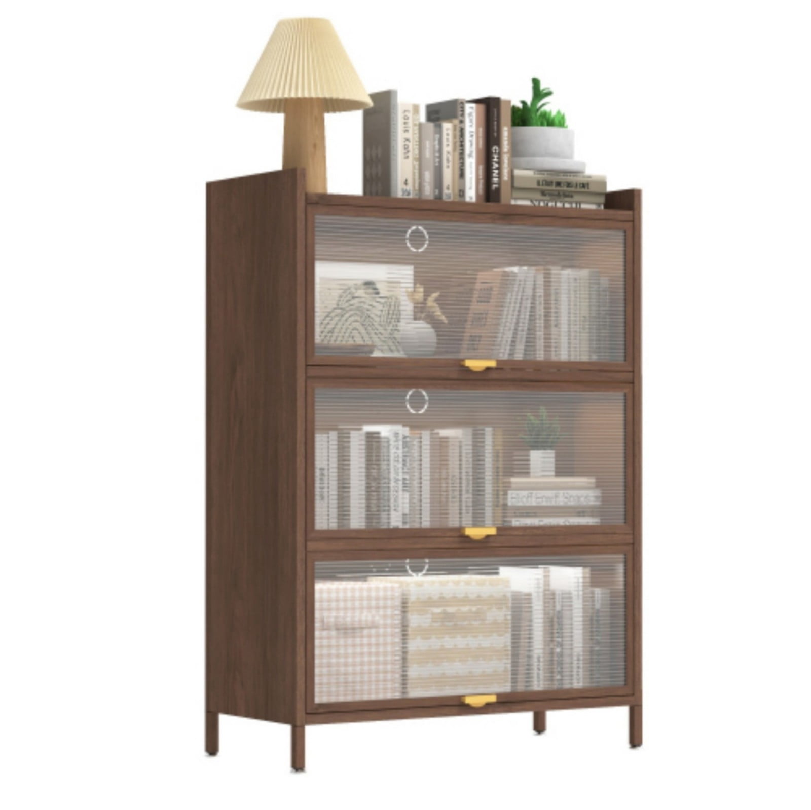 44" Metal Storage Cabinet with 3 Flip Doors, Steel Organizer with Ample Storage, Freestanding Side Cabinet for Home Office Bedroom, Walnut