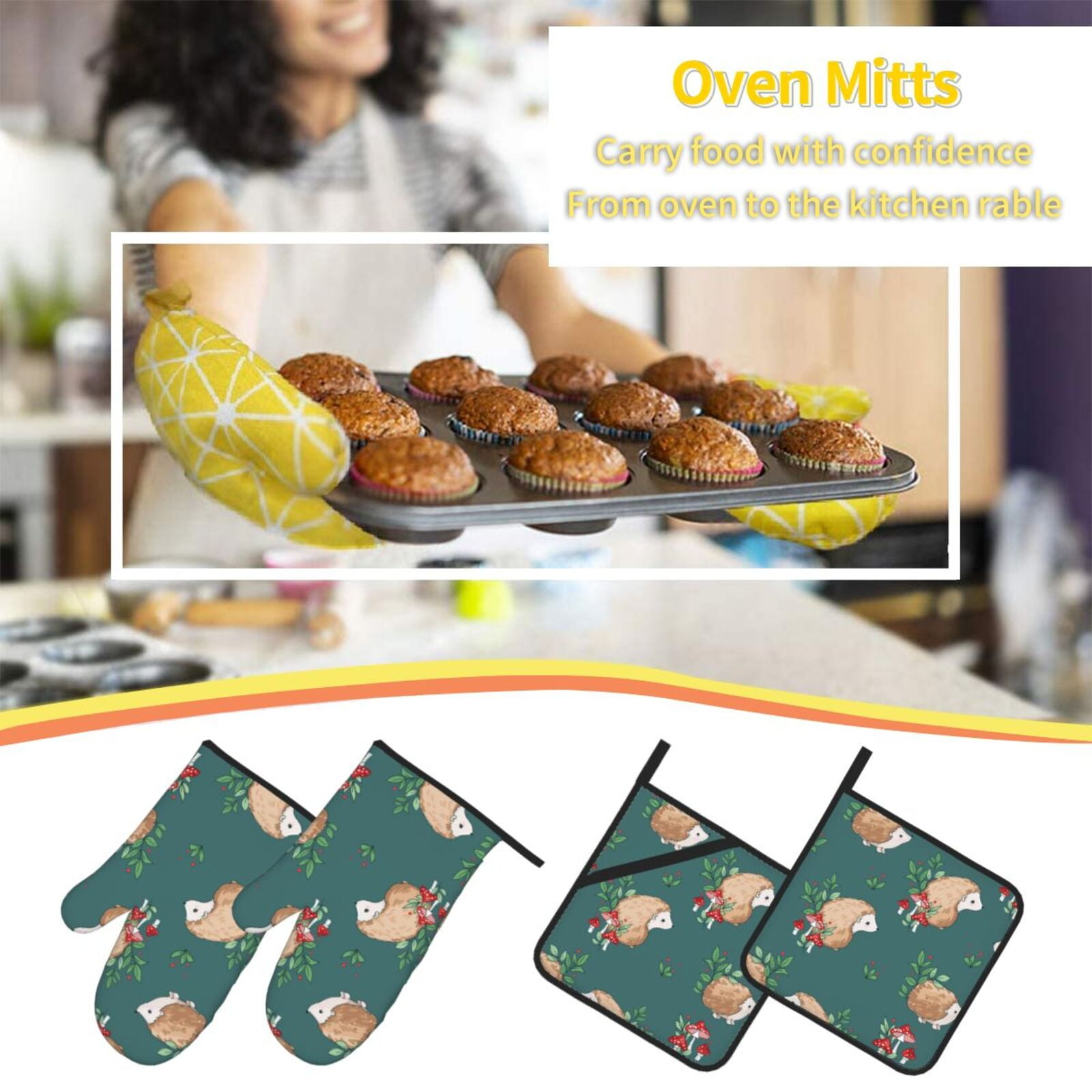 Baby Hedgehog Mushroom 4Pcs Oven Mitts and Pot Holders Sets Oven Kitchen Gloves Hot Pads for Cooking BBQ Baking Grilling