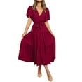 thumbnail image 1 of Vestido boho de playa de verano para mujer: vestido midi sin mangas de color liso con volantes, cuerpo fruncido y espalda descubierta, 1 of 7