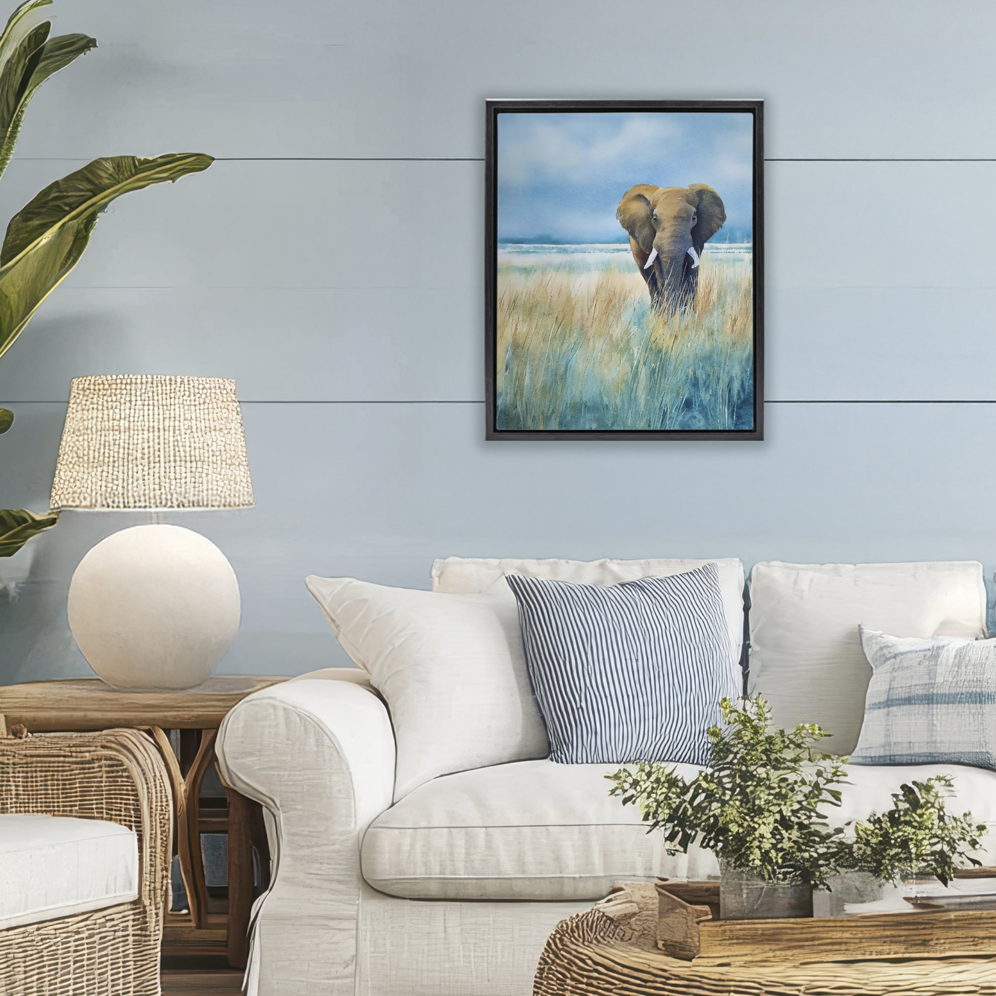 Stupell Industries Blue Grass Elephant Black Framed Floater Canvas Wall Art, design by Franklyn Gregory