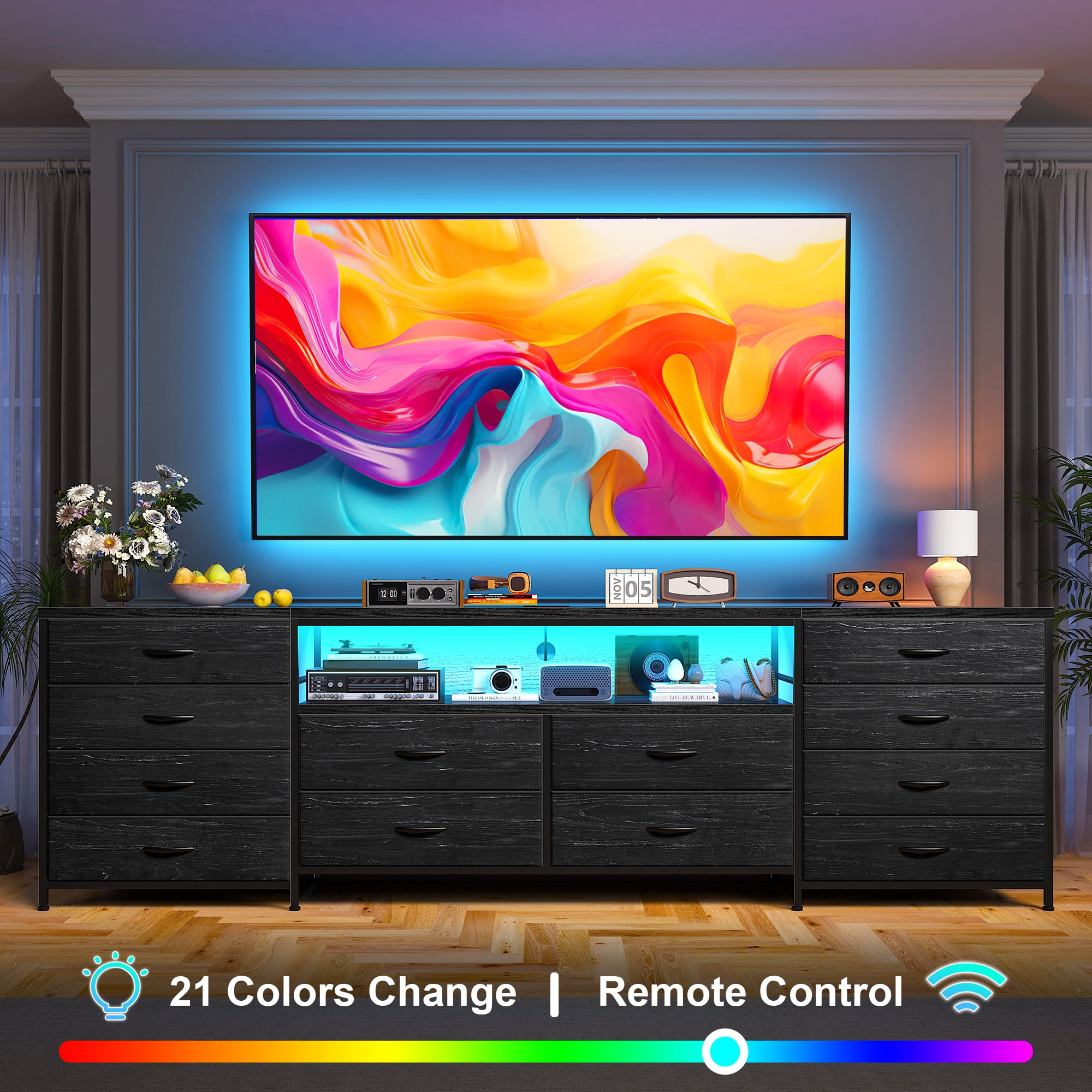 EnHomee 63" Long Dresser TV Stand for 65 70 75 Inch LED TV Stand Dresser for Bedroom with Power Outlets&12 Fabric Drawers,Black