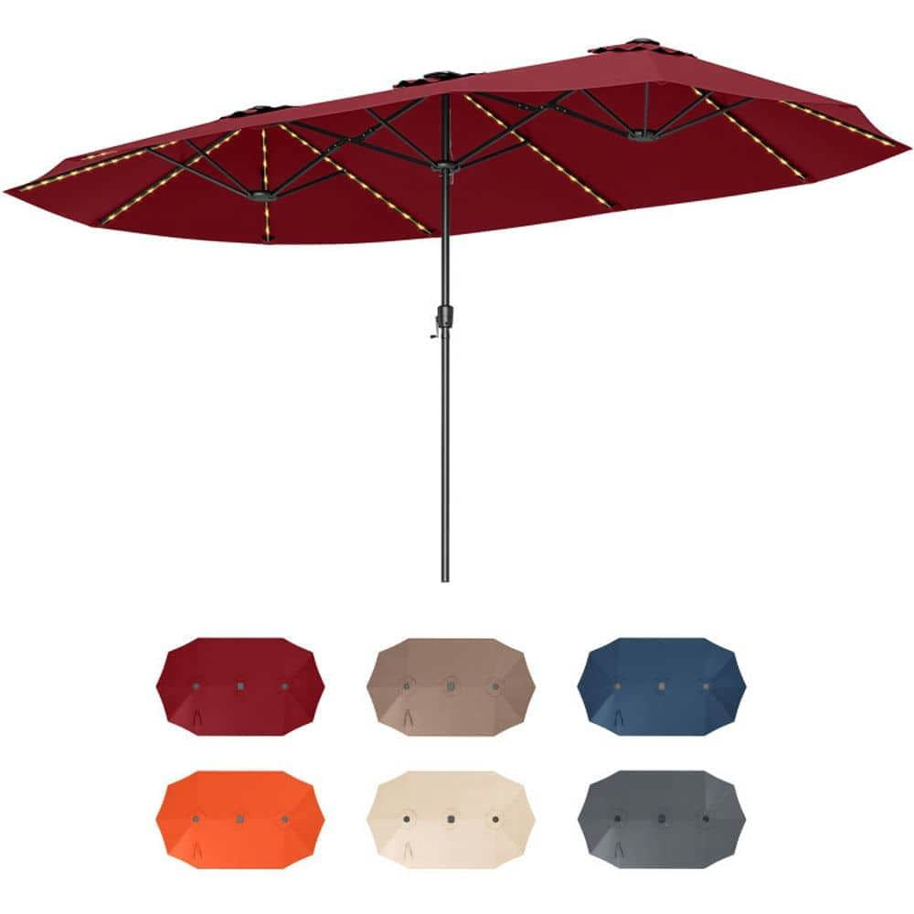 Demifill 15.5 FT Extra-Large Patio Umbrella, Shade with LED Solar Lights and Crank Handle for Outdoor, Red