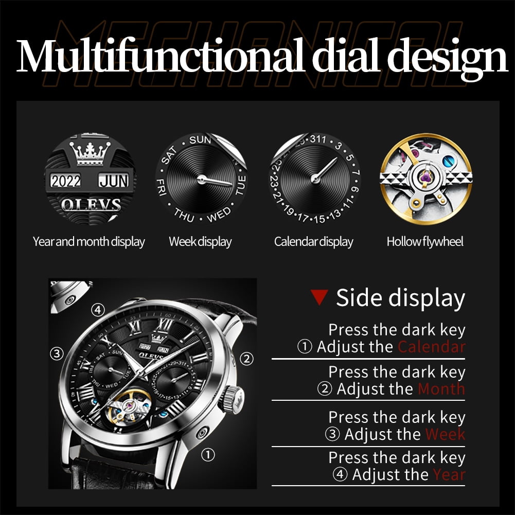 OLEVS Automatic Watches for Men Self Winding Mechanical Skeleton Flywheel Multifunction Luxury Dress Roma Rumerals Calendar Waterproof Luminous Men Wrist Watches Leather