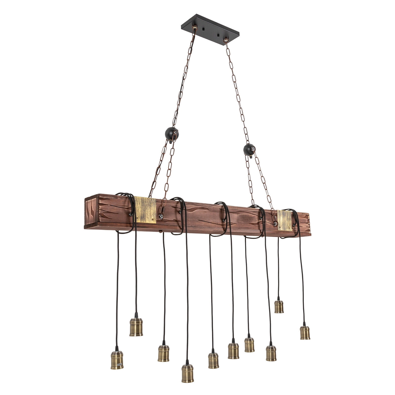 Rustic Chandelier 10 Lights Industrial Black Metal Wood Hanging Pendant Light Fixture E26 for Kitchen,Island,Bar,Cafe,Dining Room,Farmhouse