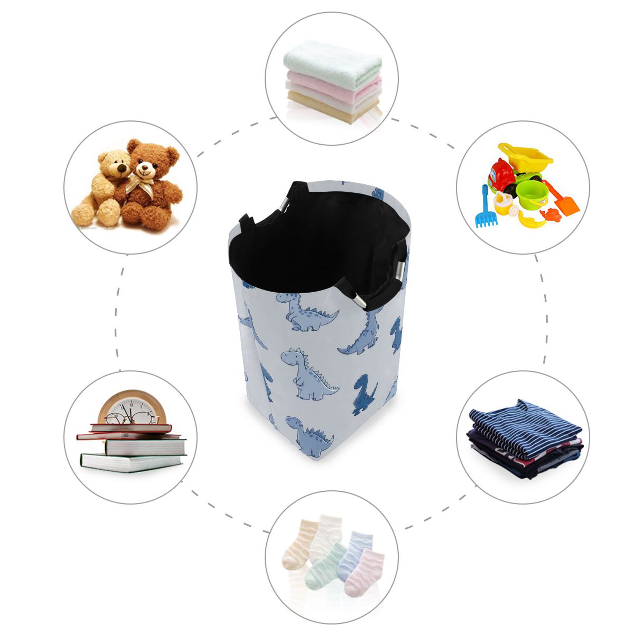 Foldable Laundry Hamper Bag with Handles Dirty Clothes Basket 12.6" x 11" x 22.7" Cute Blue Dinosaurs