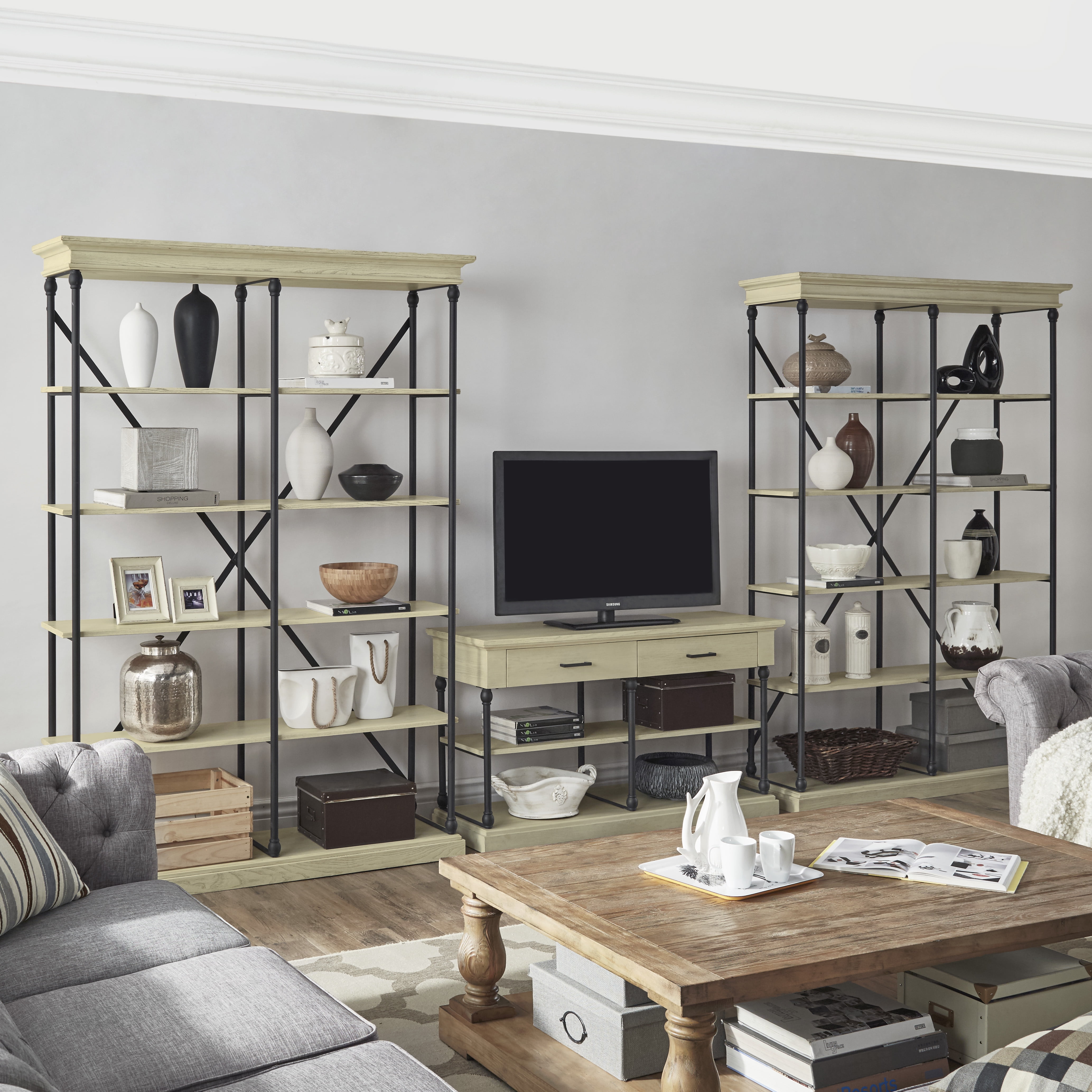 Weston Home Cabana 5 Shelf Rustic X-back Double Bookshelf, Ivory White