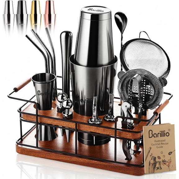 YANGLI 23-Piece Black Stainless Steel Bartender Kit with African Mahogany Stand