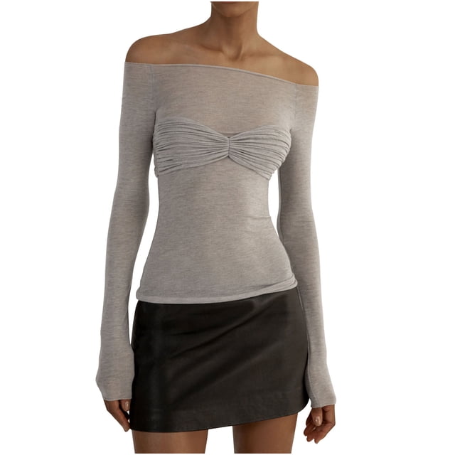 FAIWAD Women Off Shoulder Crop Tops Long Sleeve Slim Stretch Ruched Solid Color Pullover Tops