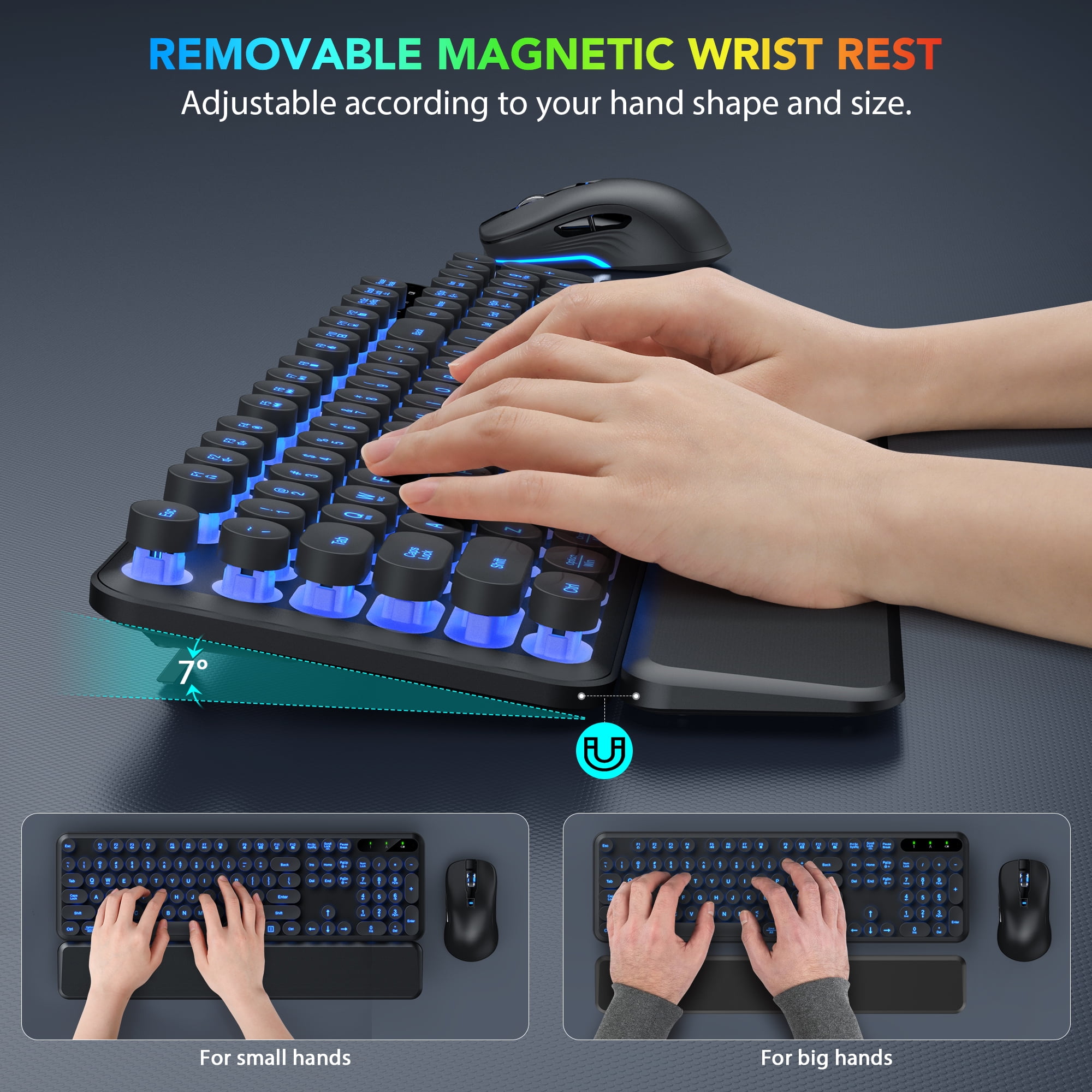 Wagpak Wireless Keyboard and Mouse Backlit - Retro Round Keycaps, Detachable Wrist Rest, Black, New, 1 Count