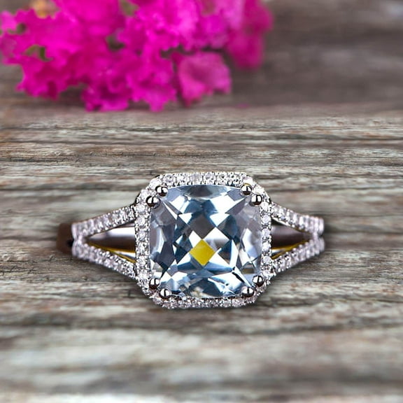 7mm Cushion Cut 10k White Gold 2.30 Carat Aquamarine Engagement Ring Anniversary Ring HALO