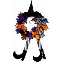 Witch Halloween Wreath with Hat Legs Pumpkin Door Wreath, Pumpkin Wreath for Front Door Outdoor, Vintage Halloween Witch Leg Pumpkin Maple Leaf Decor Garland for Home Party Props Decoration