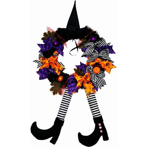 Witch Halloween Wreath with Hat Legs Pumpkin Door Wreath, Pumpkin Wreath for Front Door Outdoor, Vintage Halloween Witch Leg Pumpkin Maple Leaf Decor Garland for Home Party Props Decoration