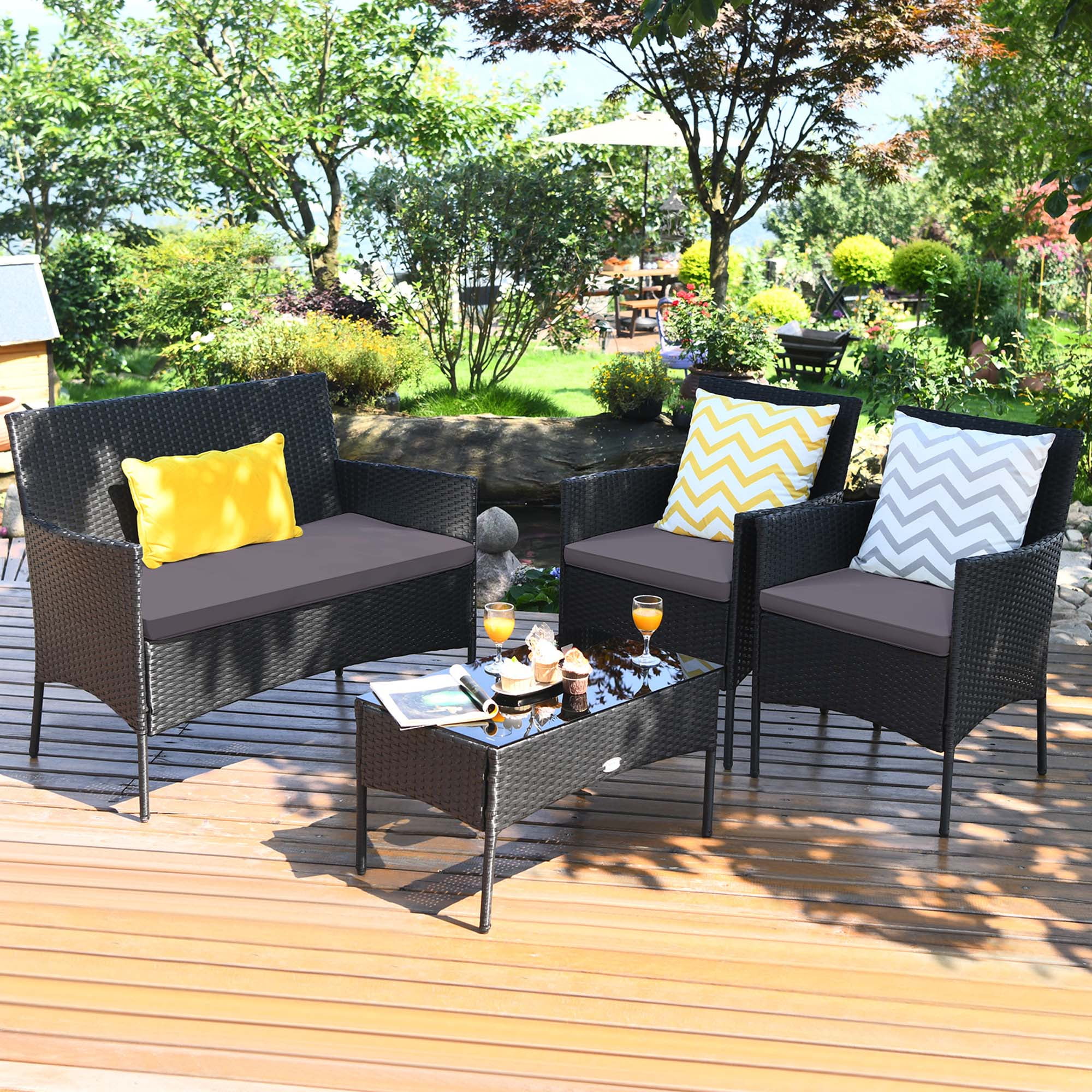 Costway 8PCS Patio Rattan Furniture Set Cushioned Sofa Coffee Table Backyard Grey
