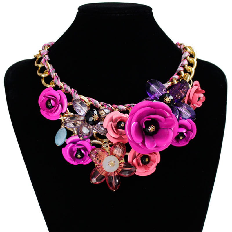 Luxury White/Black/Pink/Purple Crystal Flower Pendant Necklace Fashion Jewelry 