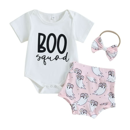 

Infant Baby Halloween Outfits Letter Print Short Sleeve Romper + Ghost Print Shorts + Bow Headband 0-18 Months