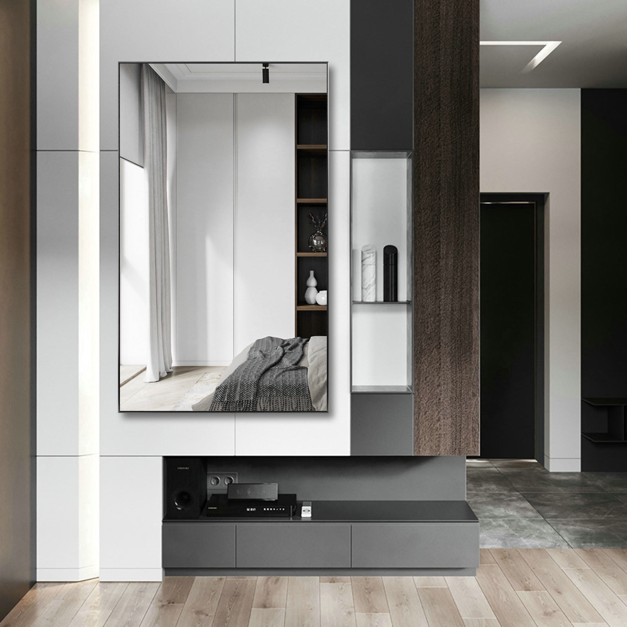 36 in x 59 in Black Modern Floor Mirror