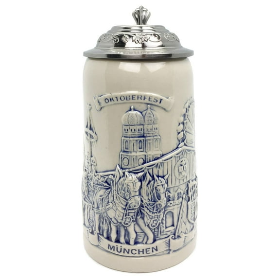 Oktoberfest Haus Ceramic Stoneware Blue Mug & Engraved Relief of Munich Scene with Metal Lid | 0.5 L