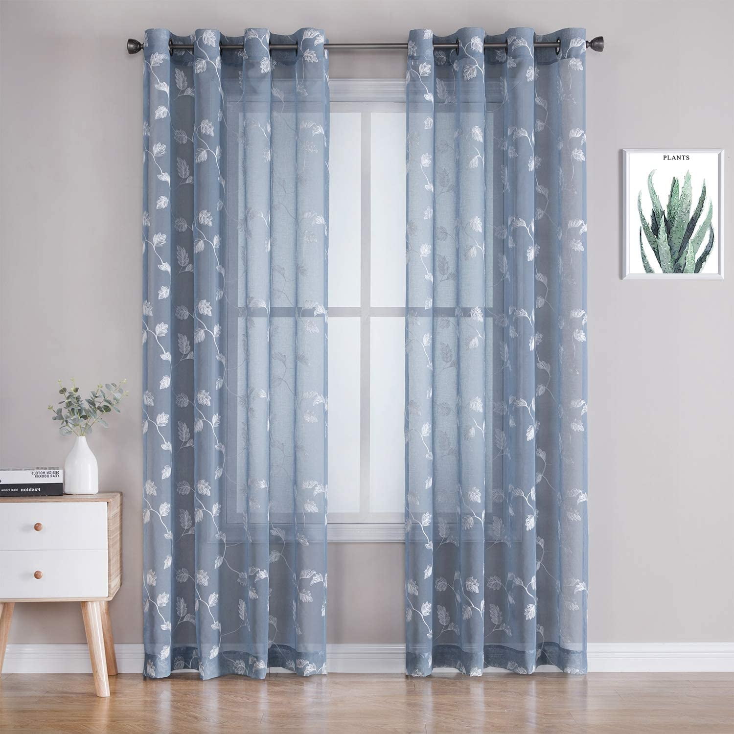 Coolmee Blue Floral Sheer Curtains 95 Inches, Elegant Leaves Pattern on