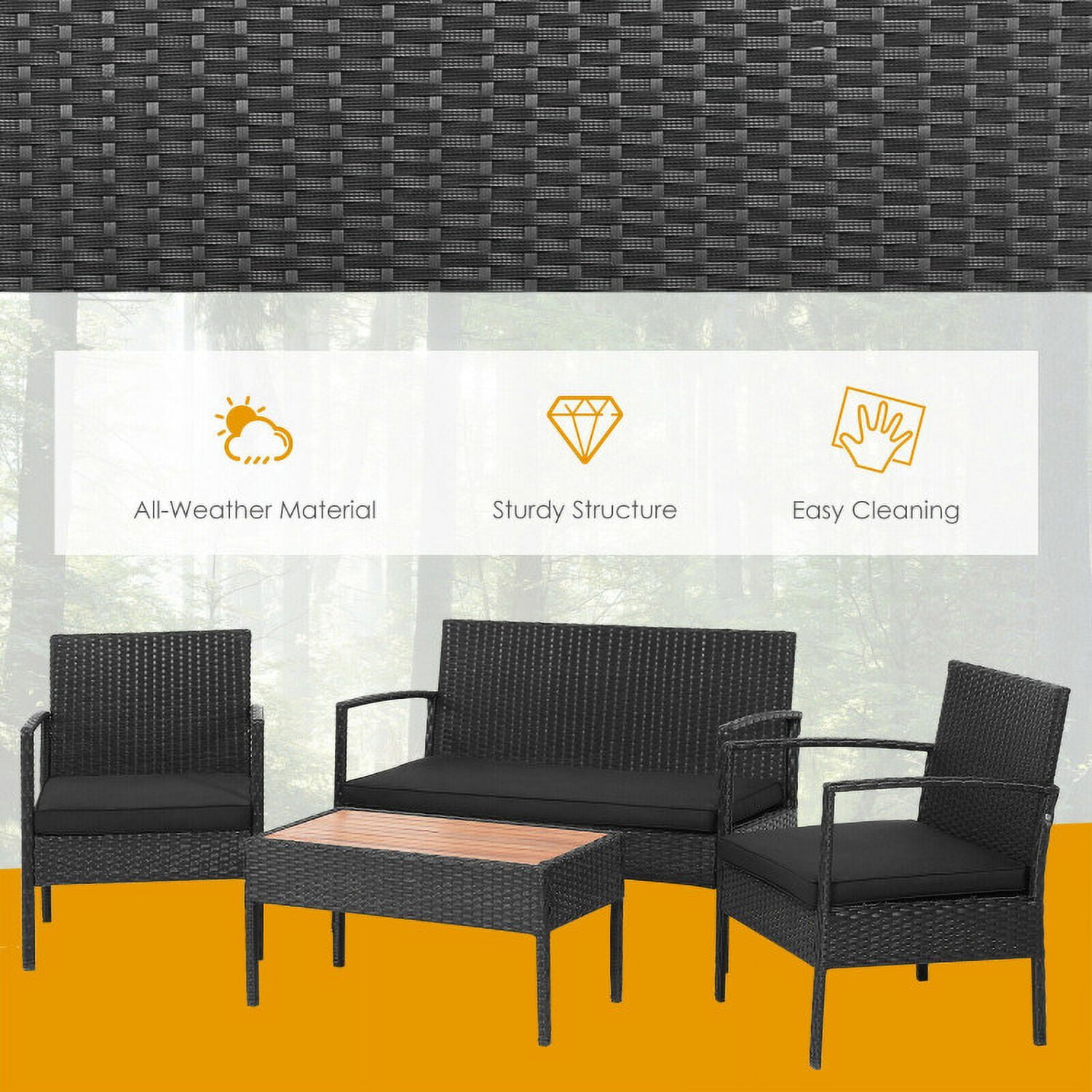 Aimee Lii Rattaner Outdoor Patio Furniture, 4 Pieces Patio Rattan Wicker Conversation Set Sofa Cushioned Wooden Tabletop, Black Aimee Lii Rattaner Outdoor Patio Furniture, 4 Pieces Patio Rattan Wicker Conversation Set Sofa Cushioned Wooden Tabletop, Black