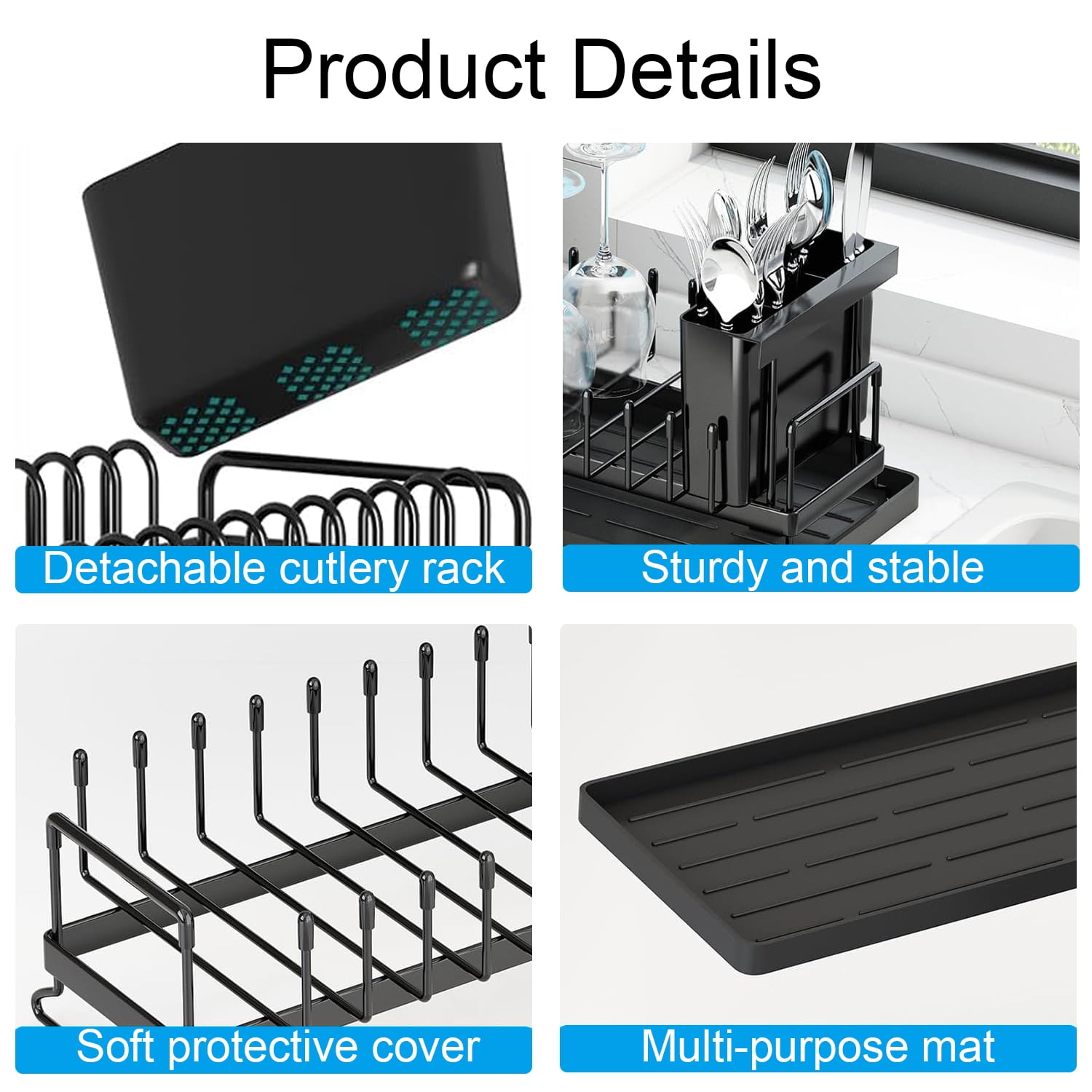 BTideas Dish Drying Rack for Kitchen Counter,16.5×6.7'' Cutlery Holder for Plates,Cups,Bowls（Black）