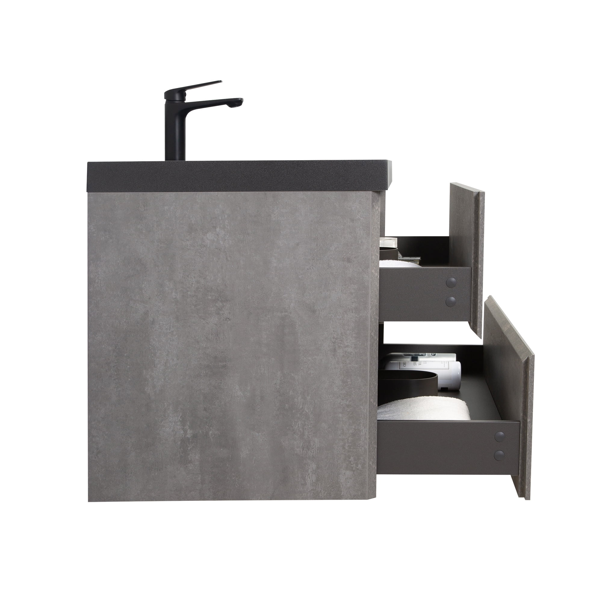 Demi Bonn 41" Floating Bathroom Vanity with Sink, Black Quartz Sand Top Basin and 2 Soft Close Drawers, Faucets and Drains Not Included, Gray