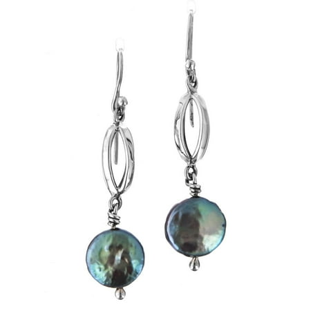 Silver Marcasite Flower Earrings - Blue Gray Freshwater Coin Cultured Pearl 925 Sterling Silver Earrings, 1 1/4