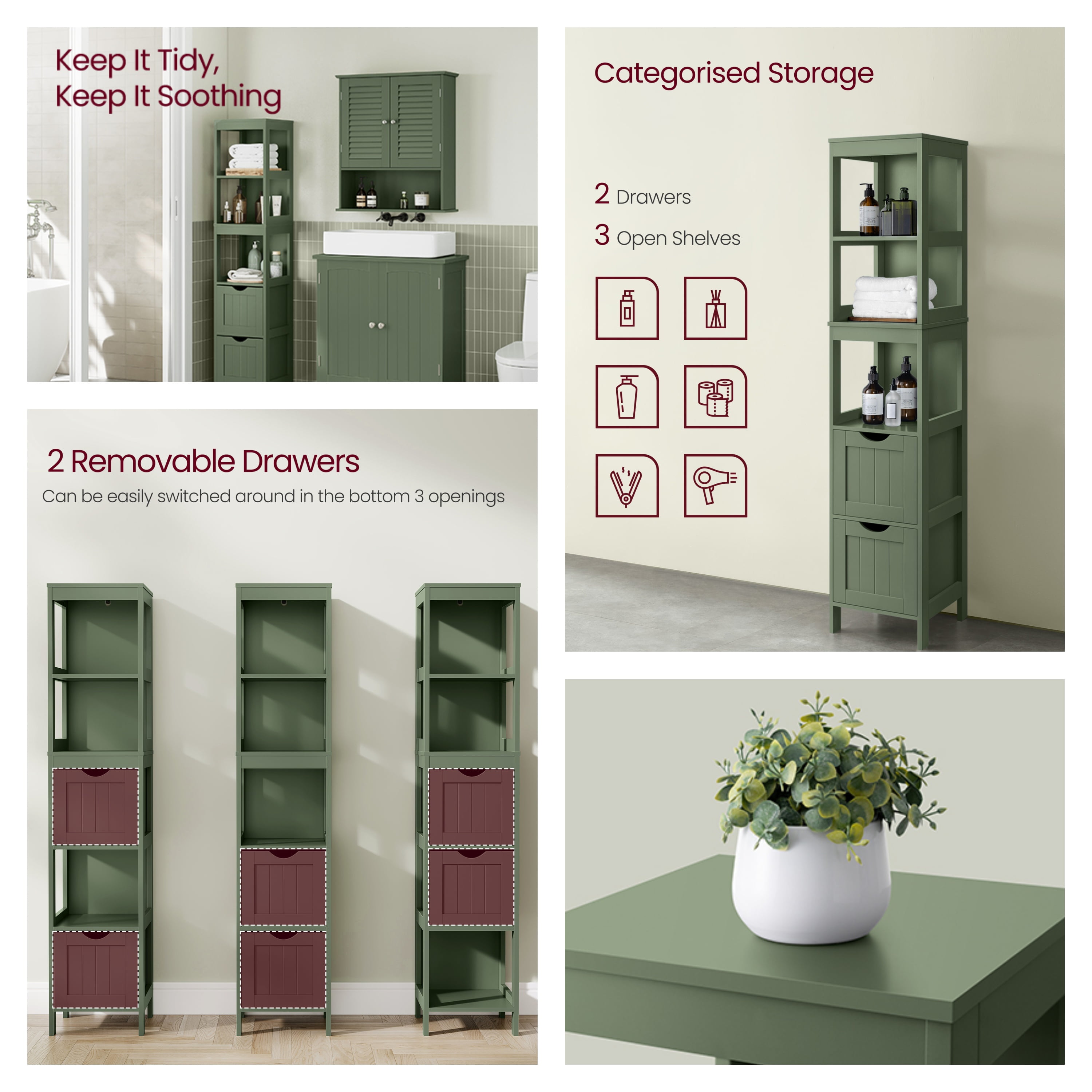 LEDREM Storage Cabinet with 2 Drawers and Open Shelf, Multifunctional Freestanding Corner Storage Rack for Bathroom, Living Room, Bedroom, Forest Green