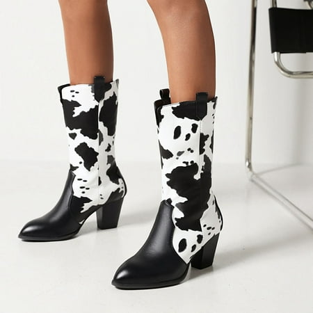 

Juebong Halloween Gifts Color Block Pointed Toe Thick High-Heeled Women s Mid-Tube Boots Chelsea Milk Boots Cowgirl Cowboy Boots