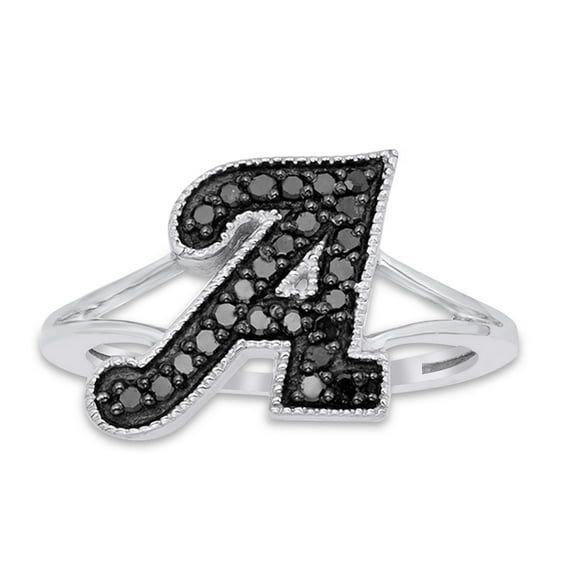 1/4 Carat Initial Alphabet "A" Round Cut Black Natural Diamond Initial Ring In 14K White Gold Over Sterling Silver ( 0.25 Cttw, I2-I3 Clarity)Ring Size- 4