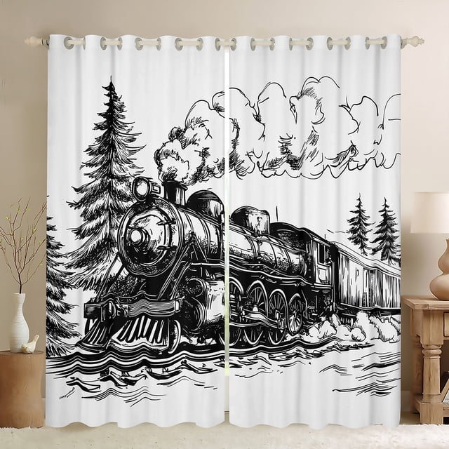 Erosebridal Rideaux Vintage Train Lot de 2 (42x84), Rideaux Occultants Train à Vapeur 30 %-50 %, Noir Blanc