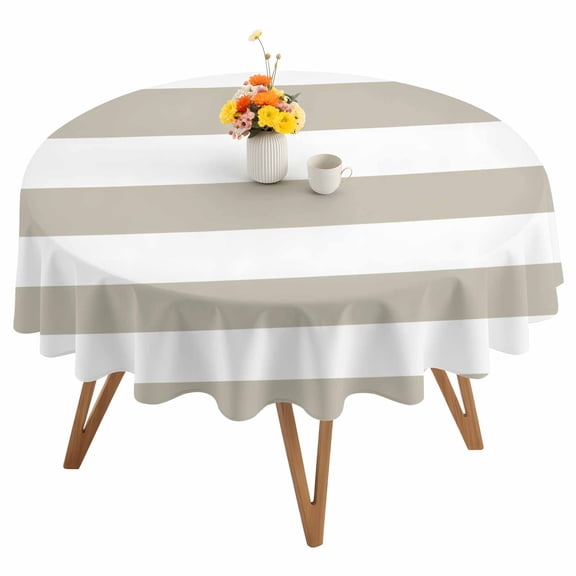 Tan And White Stripe Round Tablecloth 54 inches Brown Stripes Simple Waterproof Oil-Proof Table Cloth Round Table Cover for Holiday Party Picnic Dinner Decor Indoor and Outdoor Use