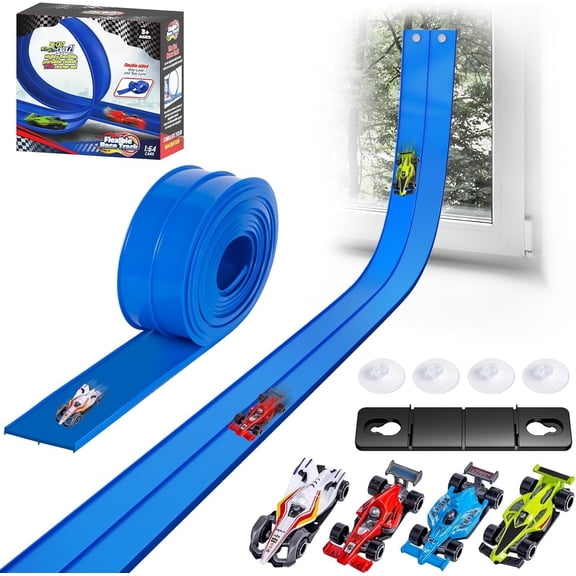 LC-dolida Flexible Race Car Track for Kids, 13.3FT Double Sided Racetrack with 4 Alloy Cars, DIY Anti-Gravity Track Toy for Ages 7-14, STEM Building & Parent-Child Interaction, Blue