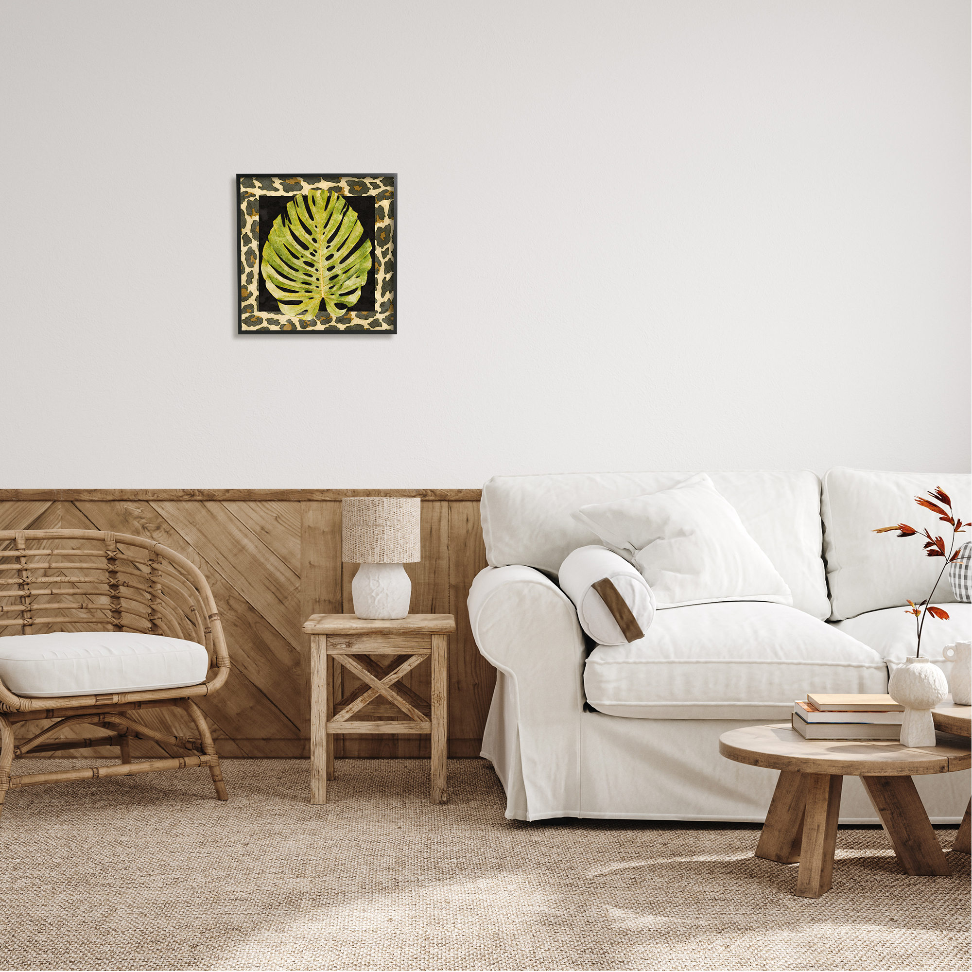 Stupell Industries Monstera on Leopard Pattern Botanical & Floral Painting Black Framed Art Print Wall Art, 17 x 17