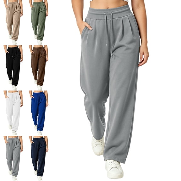 Zysthvn Wide Leg Womens Sweatpants Winter Lightweight Athletic High Waist Comfy Pants for Women with Pockets Solid Elastic Waist Drawstring Trousers