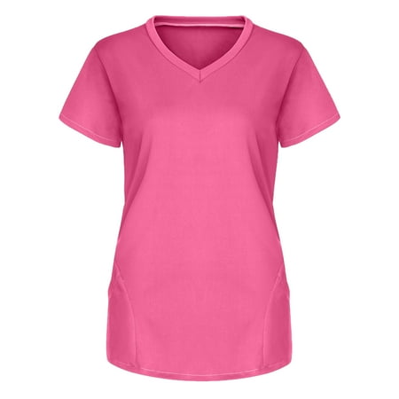 

Light Travel Deep V Neck Tunics for Women Slim Oversized Short Sleeve Scrub Tops Casual Thin Summer With Pockets Solid Color Scrub Tops Ladie s