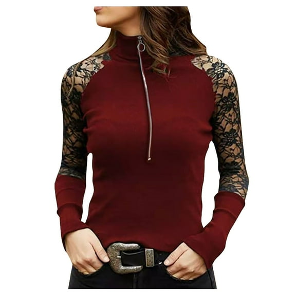 LYXSSBYX Womens Long Sleeve Dress Hot Sale Clearance Women's Fashion Sexy Stitching Lace Zipper Long Sleeve Solid Color Pullover Tops