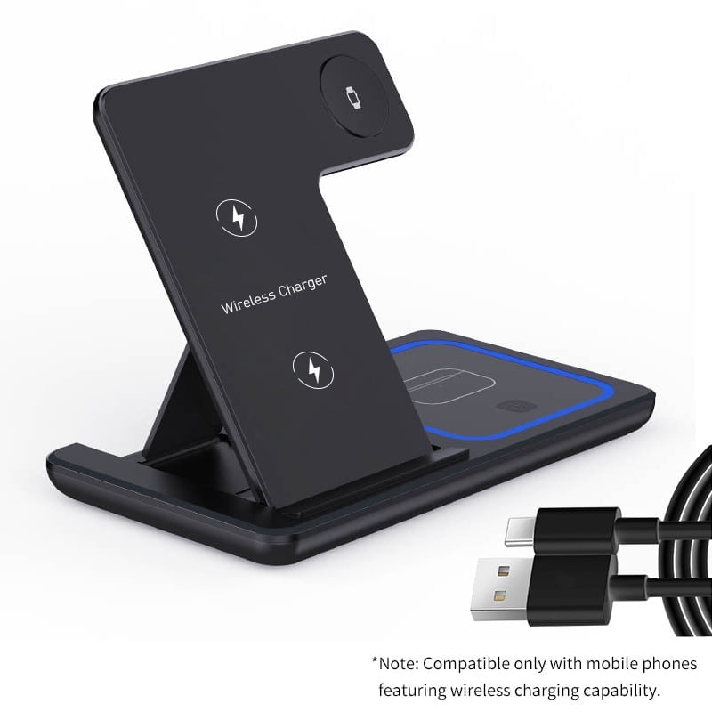 3-in-1 Wireless Charger: Fast Charge for iPhone/Apple Watch/AirPods – Foldable,Black
