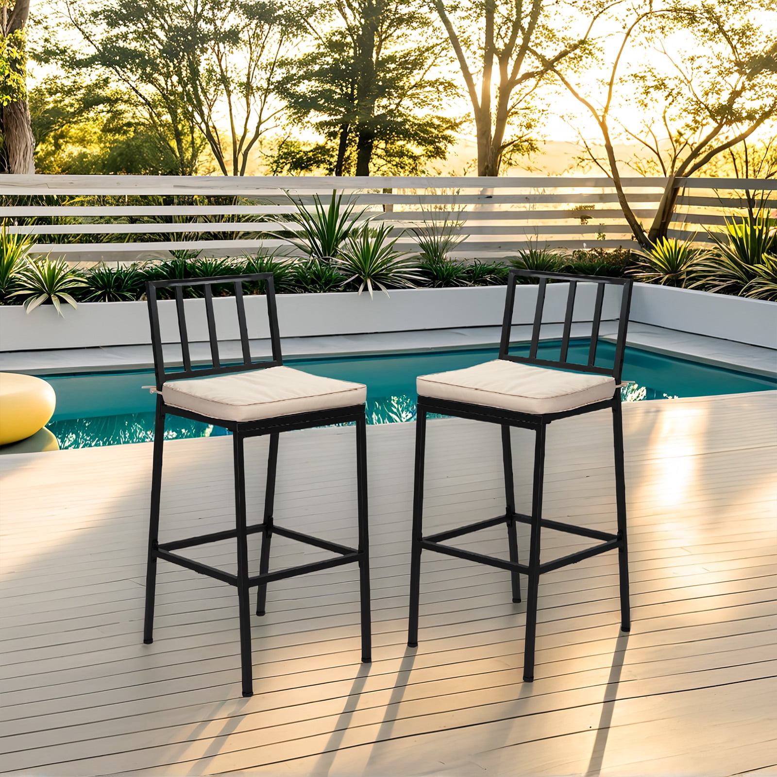 Ktaxon 2Pcs Outdoor Bar Stools, Weather Resistant Outdoor Bar Seating with Detachable Cushion, Heavy-Duty Metal Frame Bar Set of 2 for Garden Porch Pool