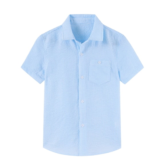 Aideaone Boys Button Down Shirts Short Sleeve Solid Striple Seersucker Shirt with Chest Pocket 5-14 Years
