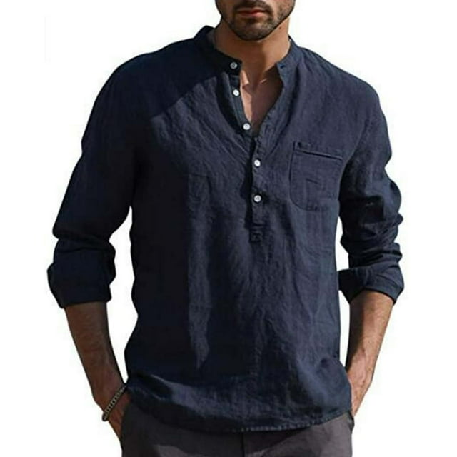 Men Henley T Shirts Casual Long Sleeve Button Linen V Neck Winter Loose Tops