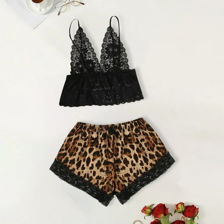 

MPWEGNP Satin Silk Pajamas Women Nightdress Lingerie Lace Underwear Sleepwear Leopard