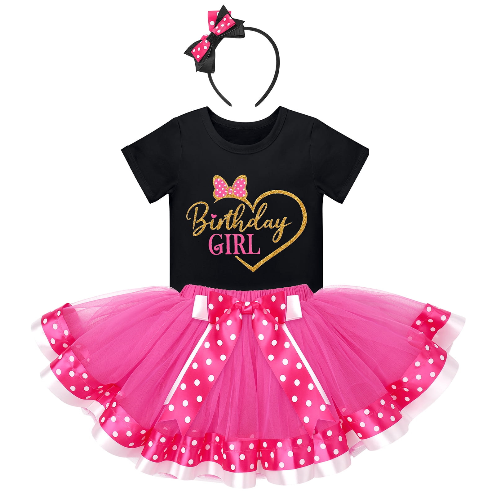 IBTOM CASTLE Toddler Girls Birthday Outfit Polka Dots Tops Tutu Skirt Mouse Ears Headband for Cake Smash Photo Shoot 5 Years Black + Hot Pink - Love Heart