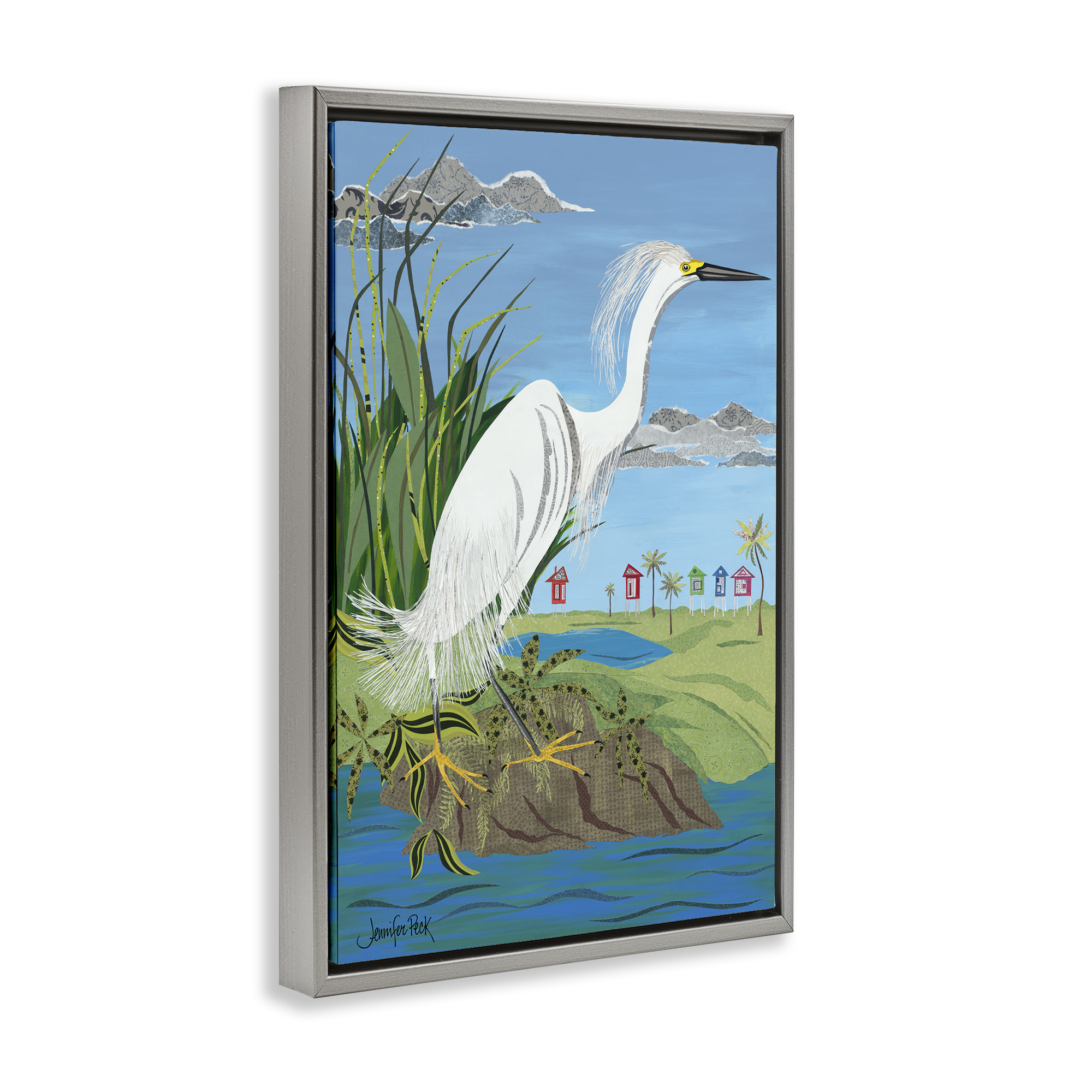 Stupell Industries Egret Perched on Shore Animals & Insects Painting Gray Floater Framed Canvas Art Print Wall Art, 17 x 25